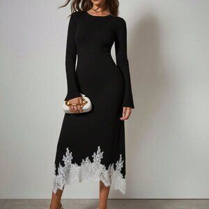Black Elegant Women's long Flare sleeved Lace detailed Sweater dress
